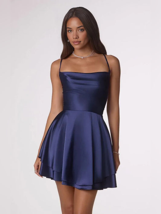 Navy Blue mini homecoming dress, alternate view showing the full-length silhouette