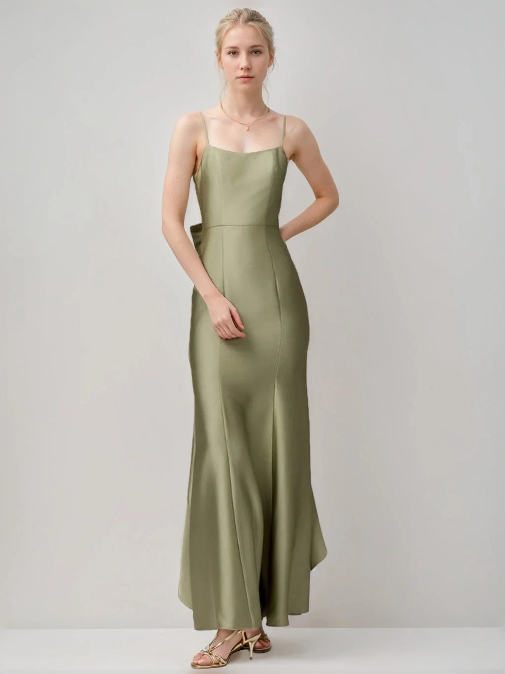 Dusty Sage floor-length bridesmaid dress, front view showing the sheath silhouette