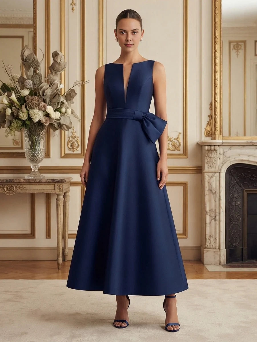 Navy Blue midi mother of the bride dress, front view showing the a-line silhouette