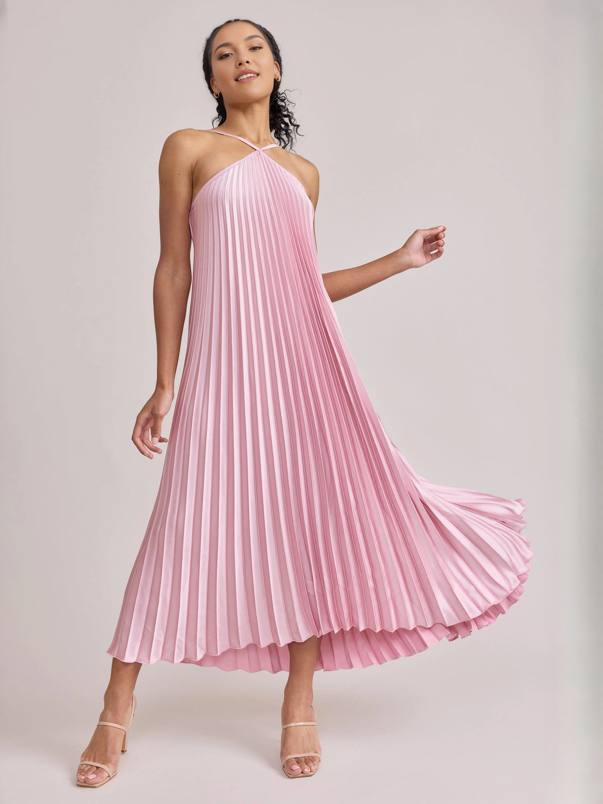 Pink midi bridesmaid dress, front view showing the a-line silhouette