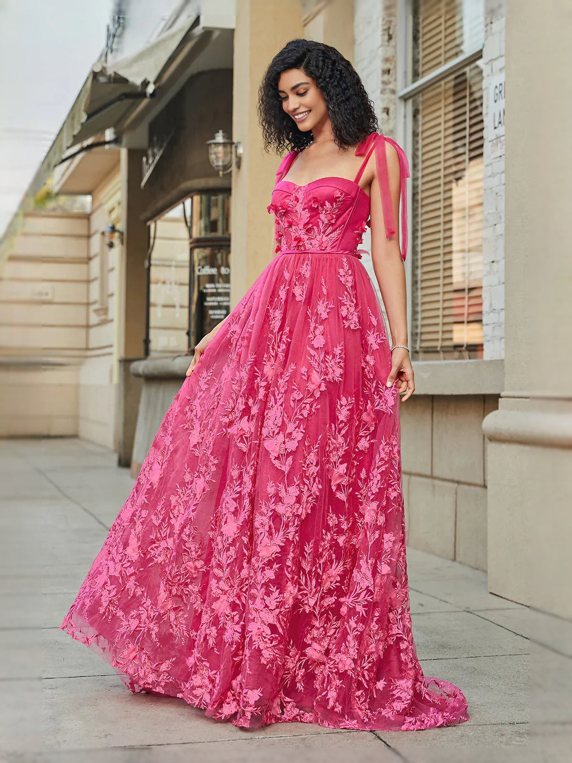 Hot Pink floor-length prom dress, front view showing the a-line silhouette