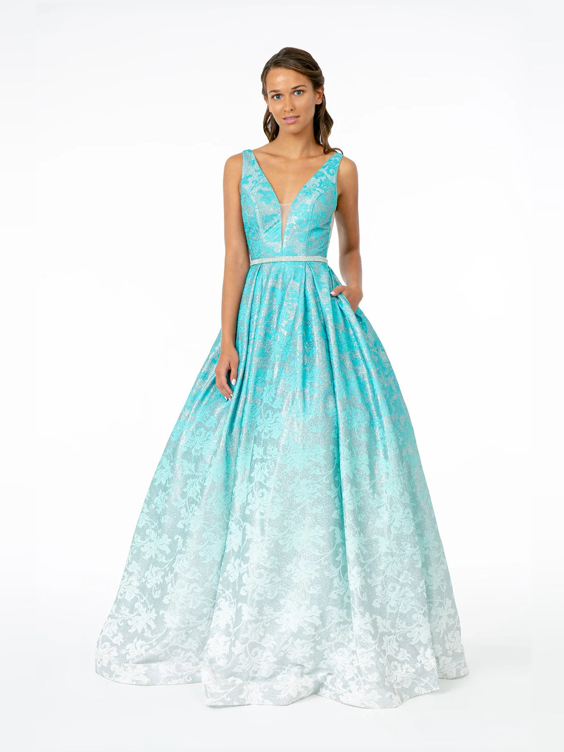 Mint Green a-line floor-length formal dress with V-neckline, full-length front view