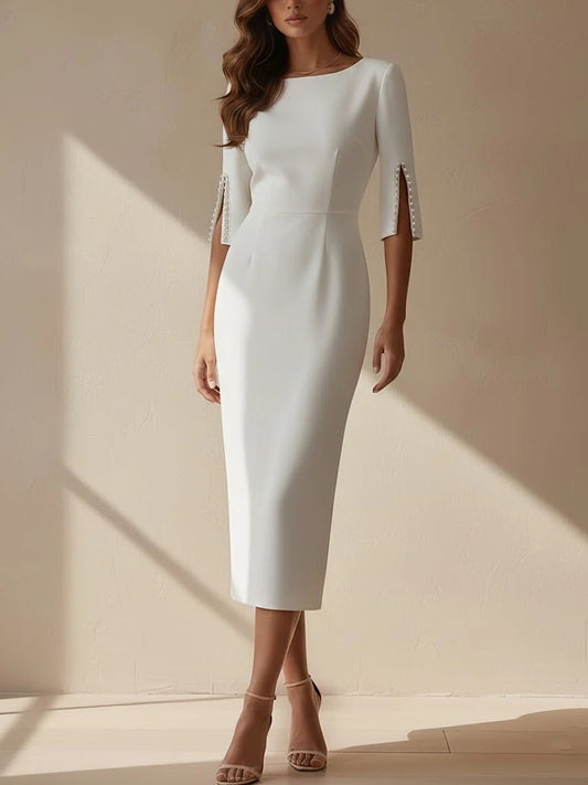 Ivory white midi mother of the bride dress, front view showing the sheath silhouette
