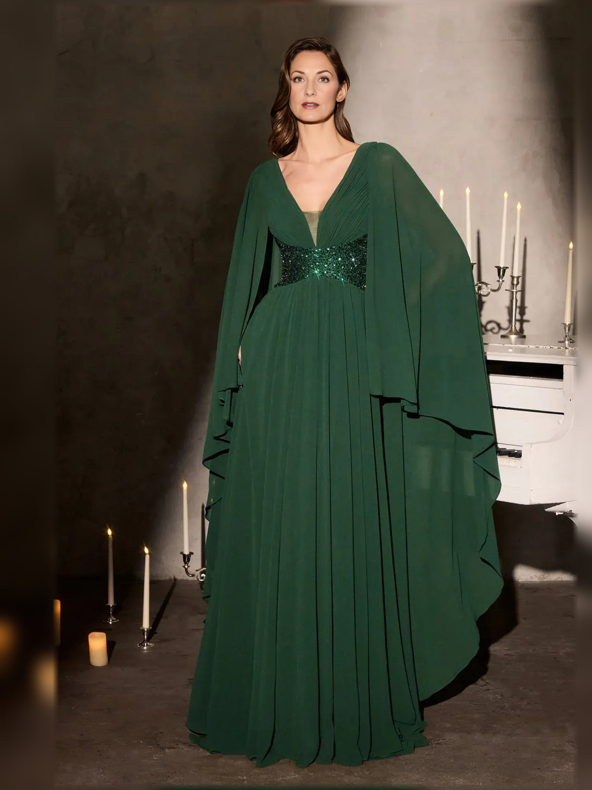 Dark Green floor-length mother of the bride dress, front view showing the a-line silhouette