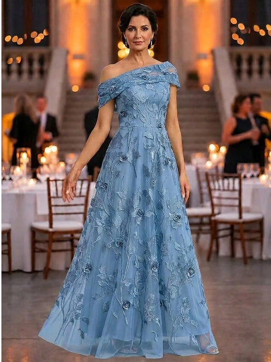 Lake Blue floor-length mother of the bride dress, front view showing the a-line silhouette