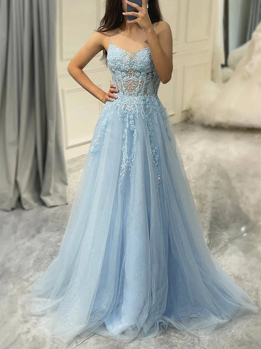 Light Blue floor-length prom dress, front view showing the a-line silhouette