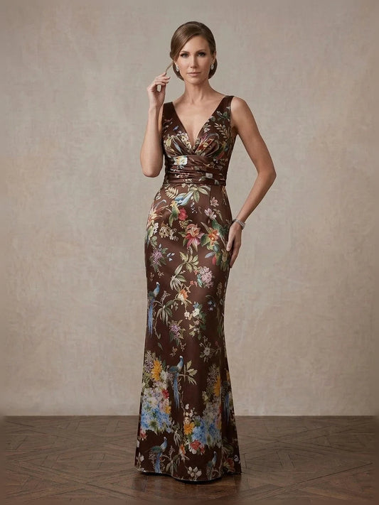 Brown floor-length mother of the bride dress, front view showing the mermaid silhouette