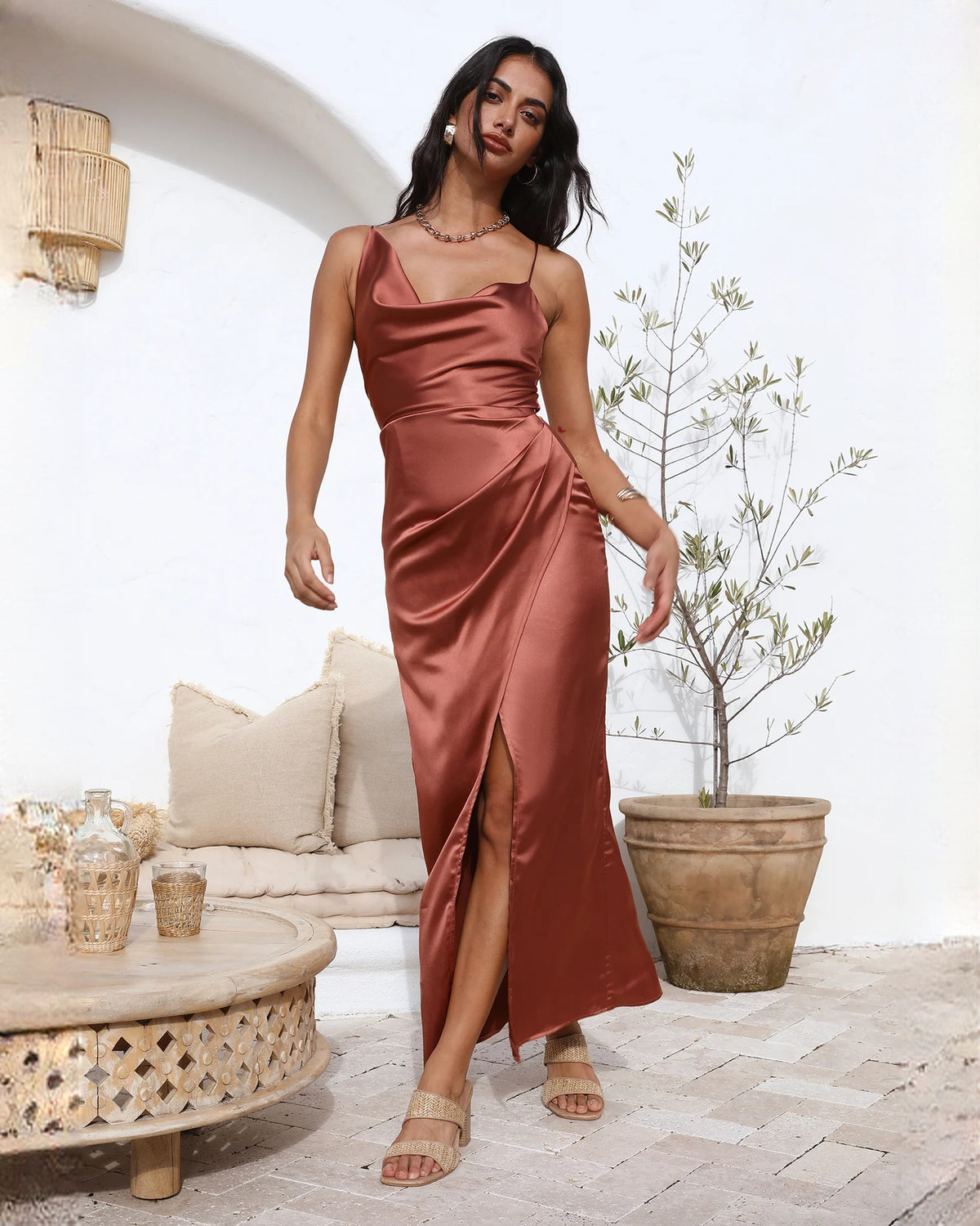 sleeveless satin a-line maxi bridesmaid dress - image 1