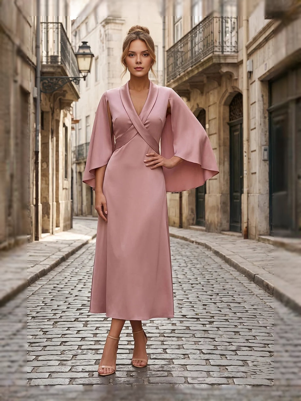 Dusty Pink midi mother of the bride dress, front view showing the sheath silhouette