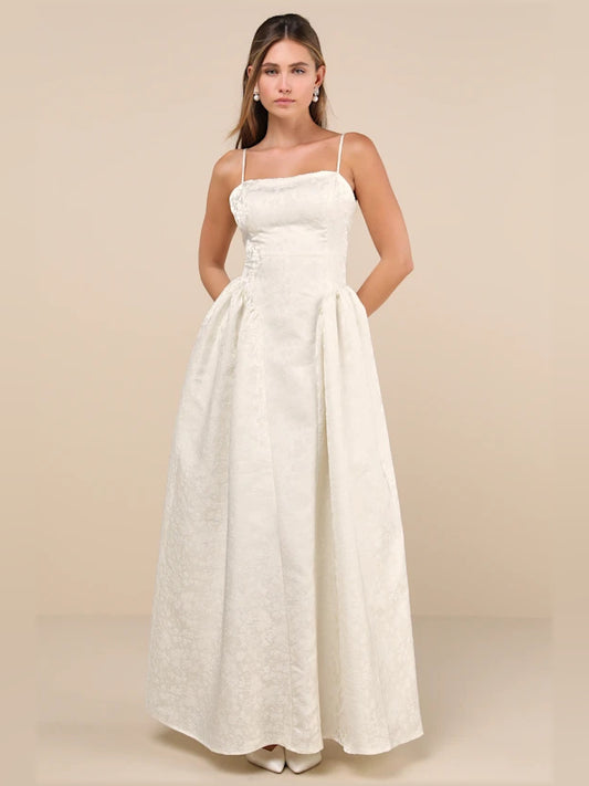 Ivory Floral a-line maxi formal dress with floral print, full-length front view