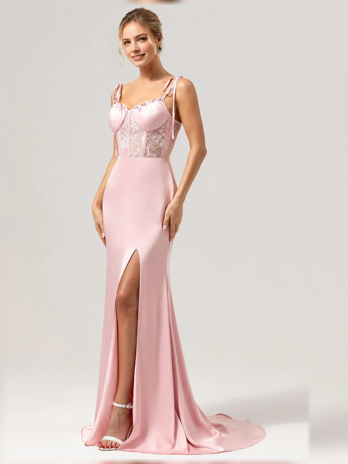 Light Pink sheath floor-length formal dress with V-neckline, full-length front view