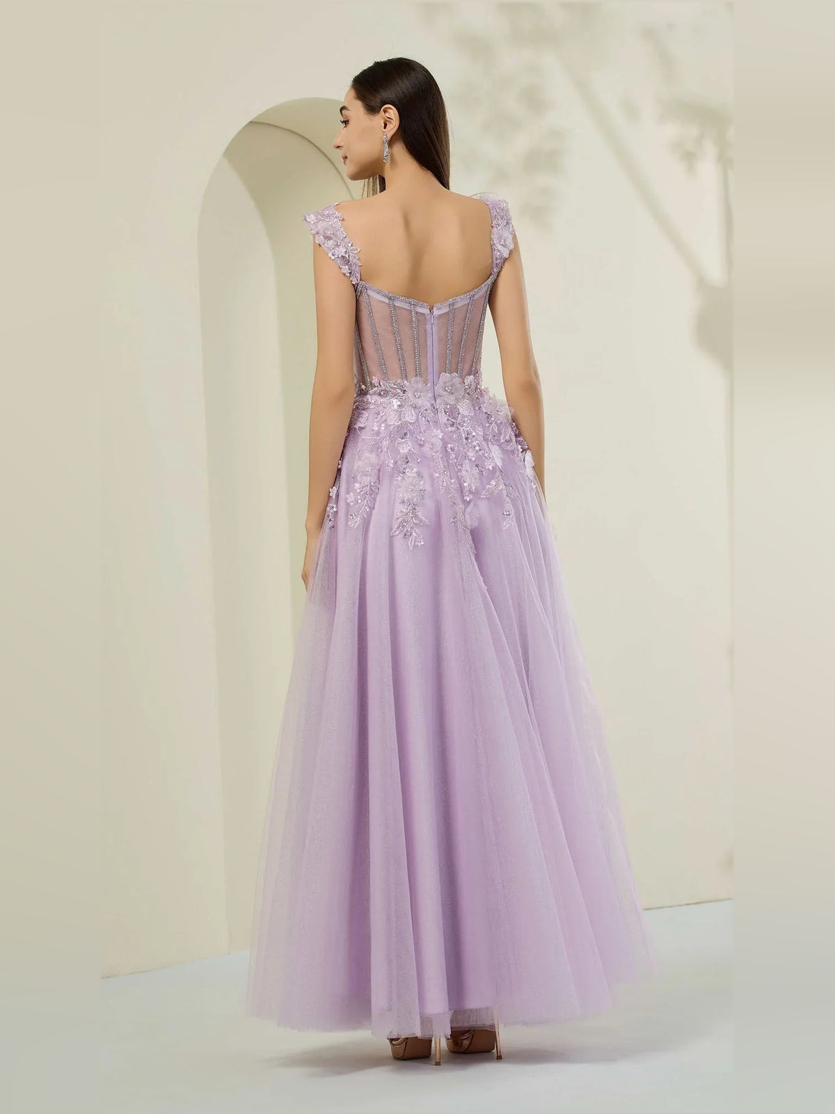 Lilac floor-length prom dress, front view showing the a-line silhouette