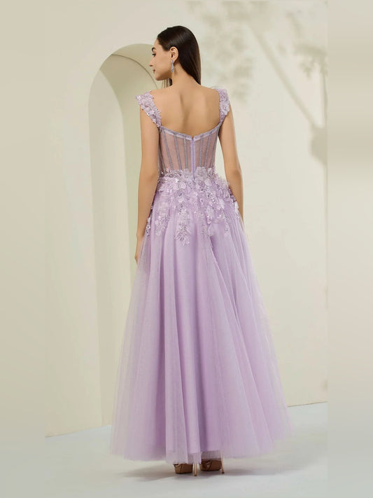 Lilac floor-length prom dress, front view showing the a-line silhouette