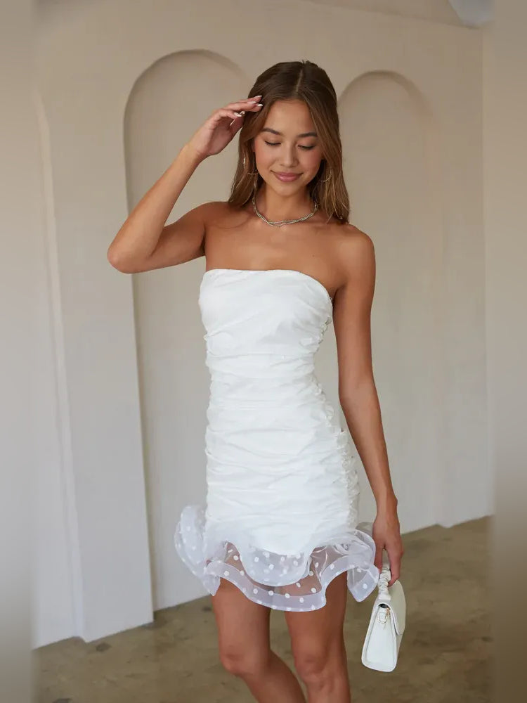 White mini homecoming dress, alternate view showing the full-length silhouette