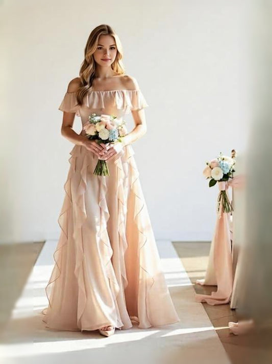 Beige maxi bridesmaid dress, front view showing the a-line silhouette