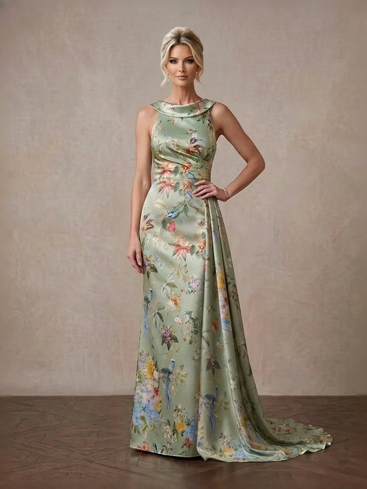 Sage Green floor-length mother of the bride dress, front view showing the sheath silhouette