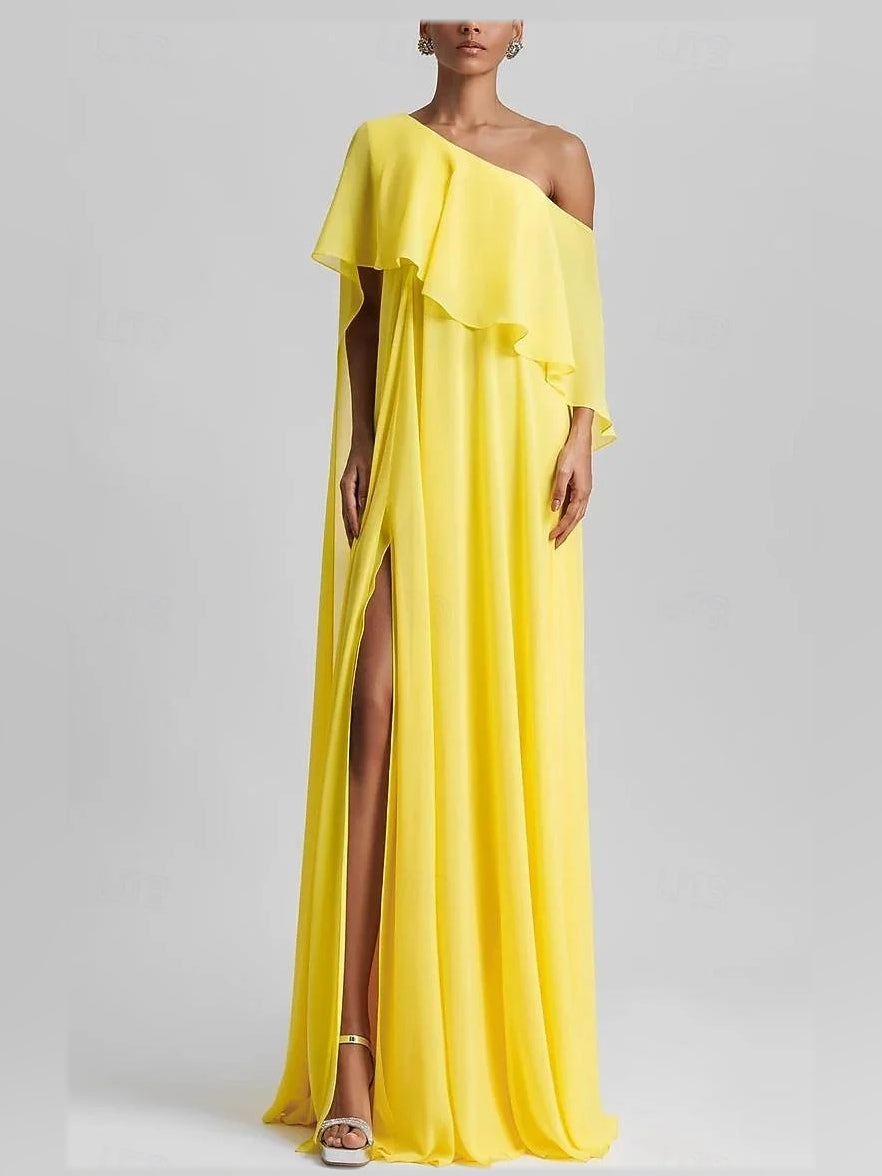 Canary maxi prom dress, front view showing the a-line silhouette