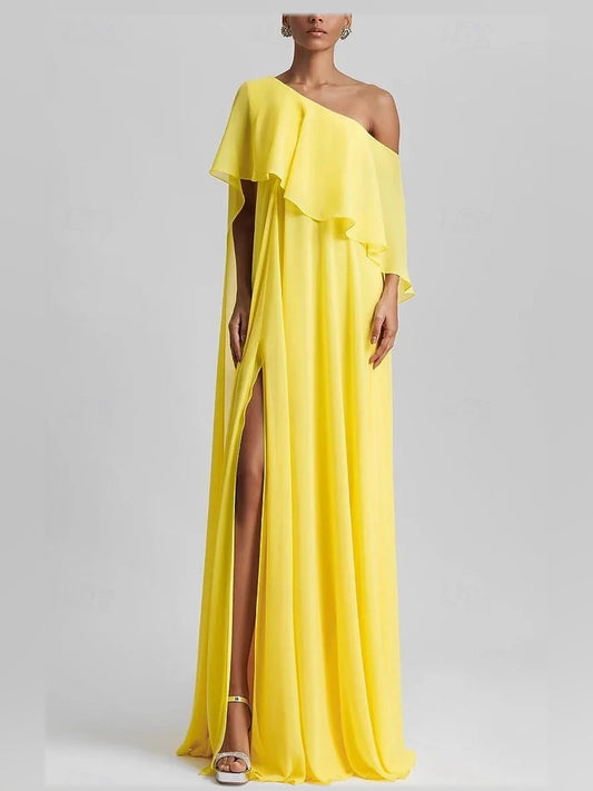 Canary maxi prom dress, front view showing the a-line silhouette