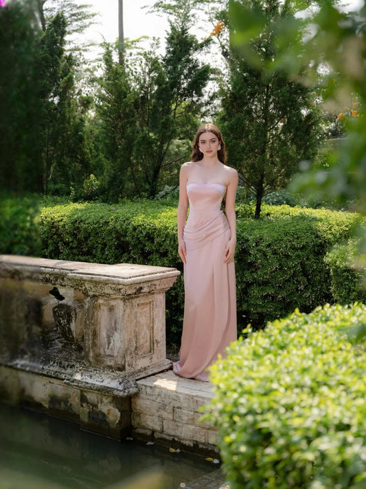 Blush Champagne floor-length bridesmaid dress, front view showing the mermaid silhouette