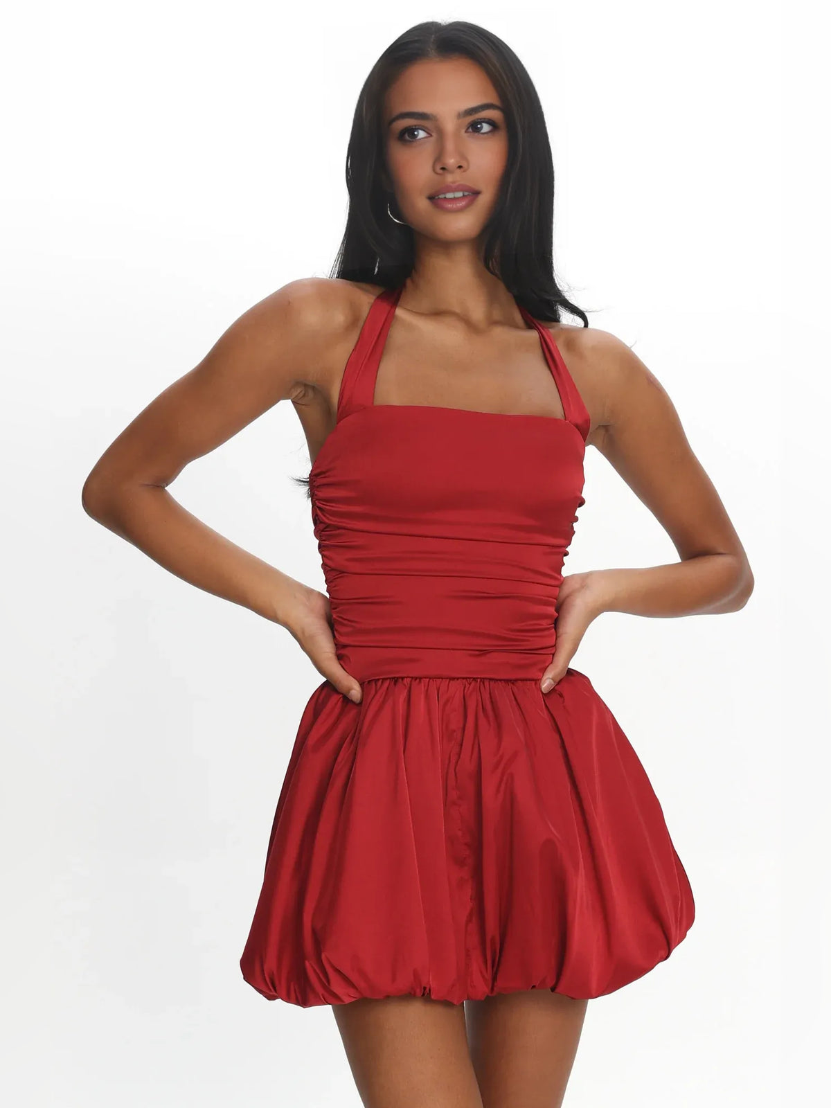 Crimson Red mini homecoming dress, alternate view showing the full-length silhouette