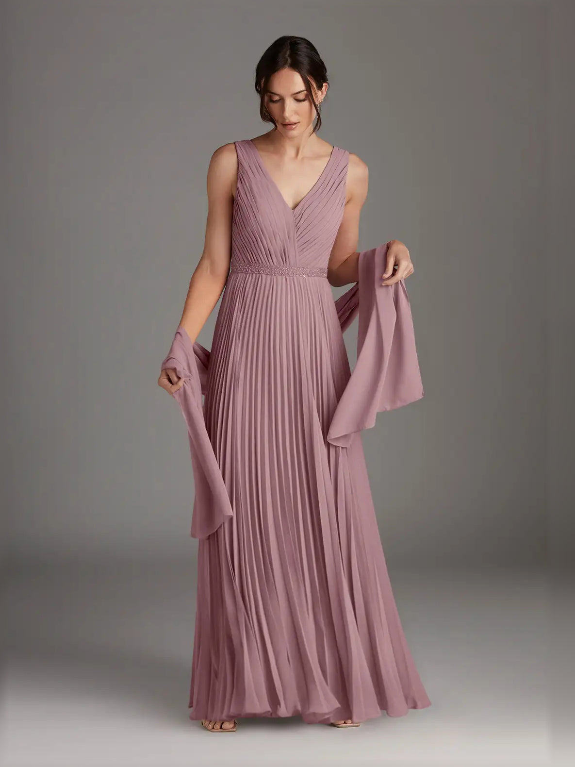 Dusty Rose maxi mother of the bride dress, front view showing the a-line silhouette