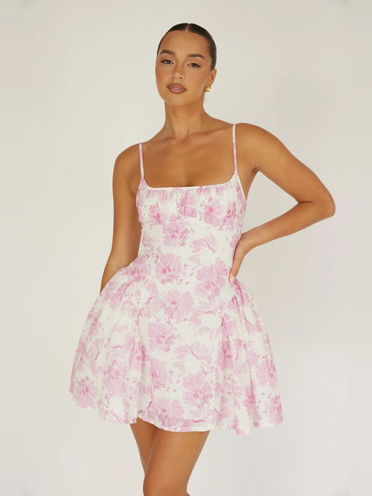 Pink mini homecoming dress, front view showing the silhouette