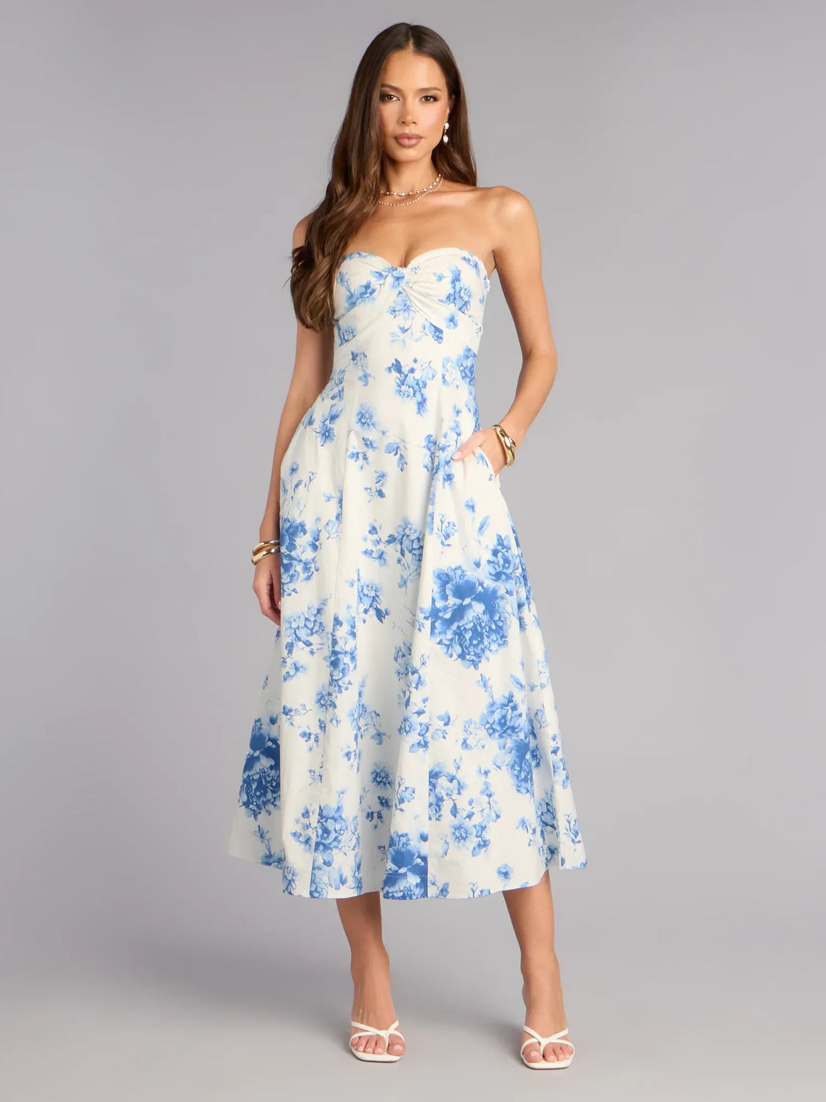 Blue Print a-line midi formal dress with sweetheart neckline, full-length front view