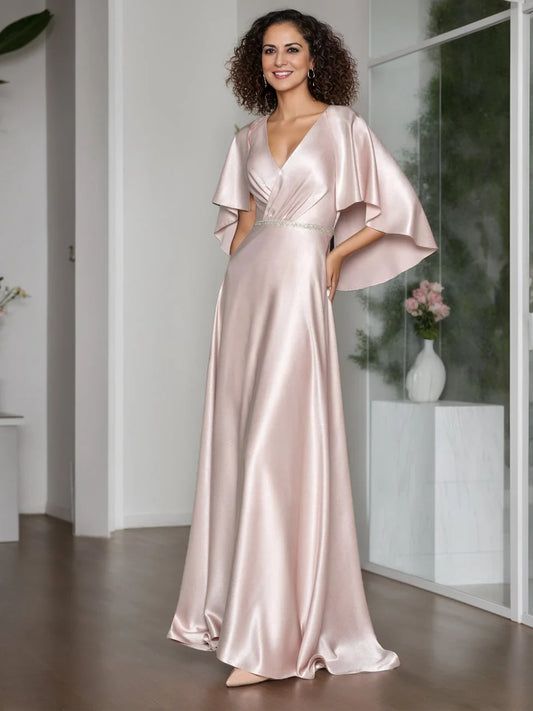 Champagne floor-length mother of the bride dress, front view showing the a-line silhouette