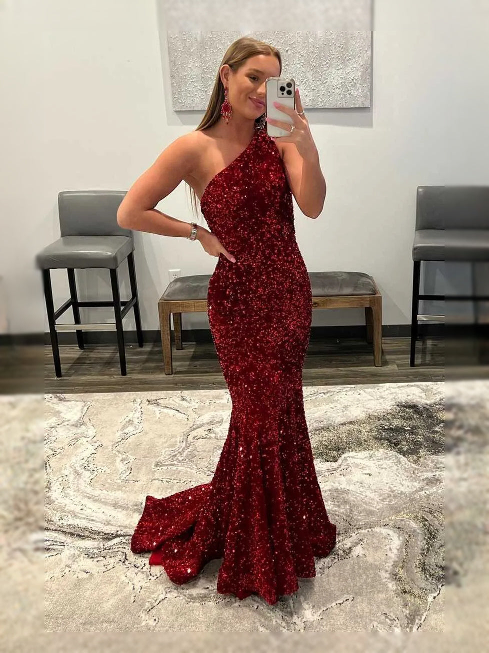 Red maxi prom dress, front view showing the mermaid silhouette