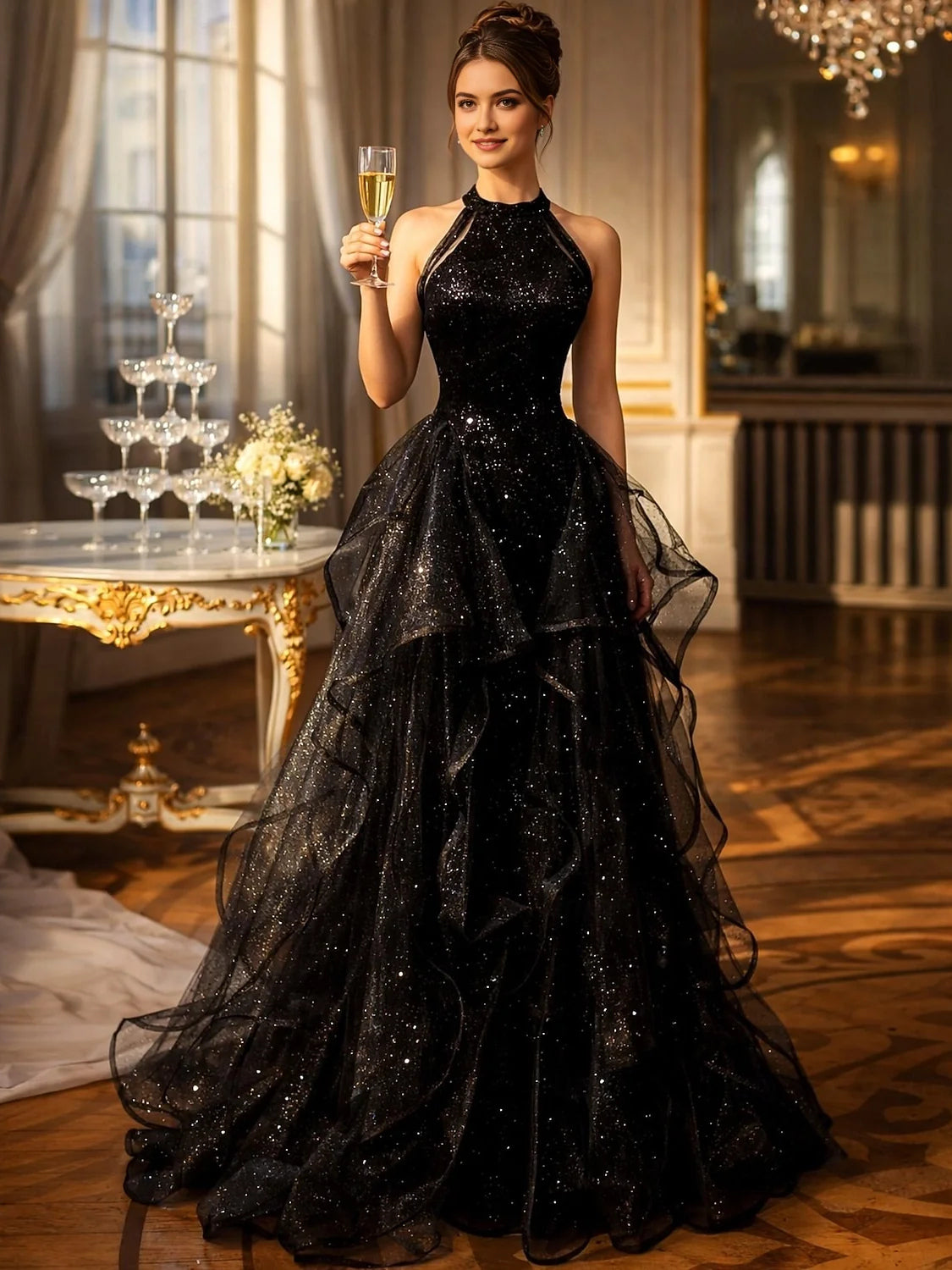 Black floor-length prom dress, front view showing the mermaid silhouette