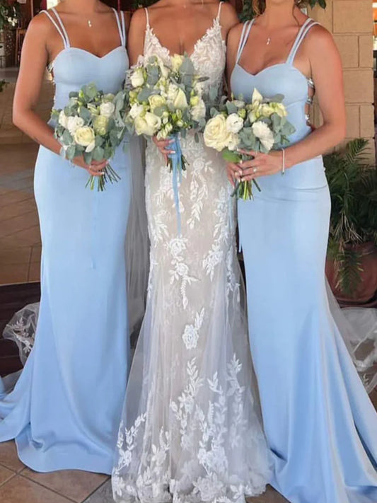 Sky Blue floor-length bridesmaid dress, front view showing the sheath silhouette