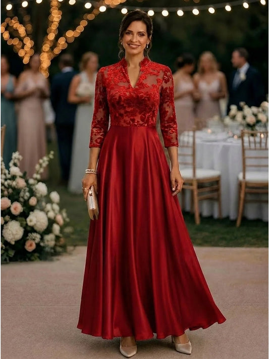 Red floor-length mother of the bride dress, front view showing the a-line silhouette