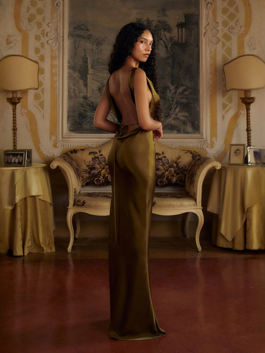 Olive Green maxi prom dress, front view showing the sheath silhouette