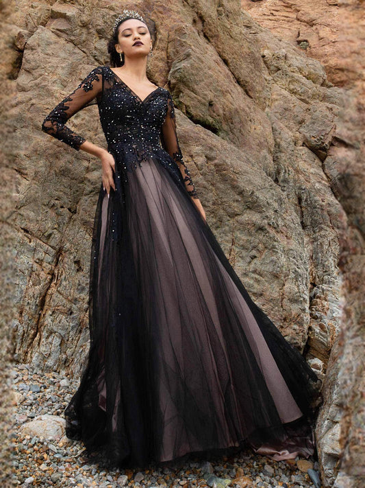 Black floor-length wedding dress, front view showing the a-line silhouette