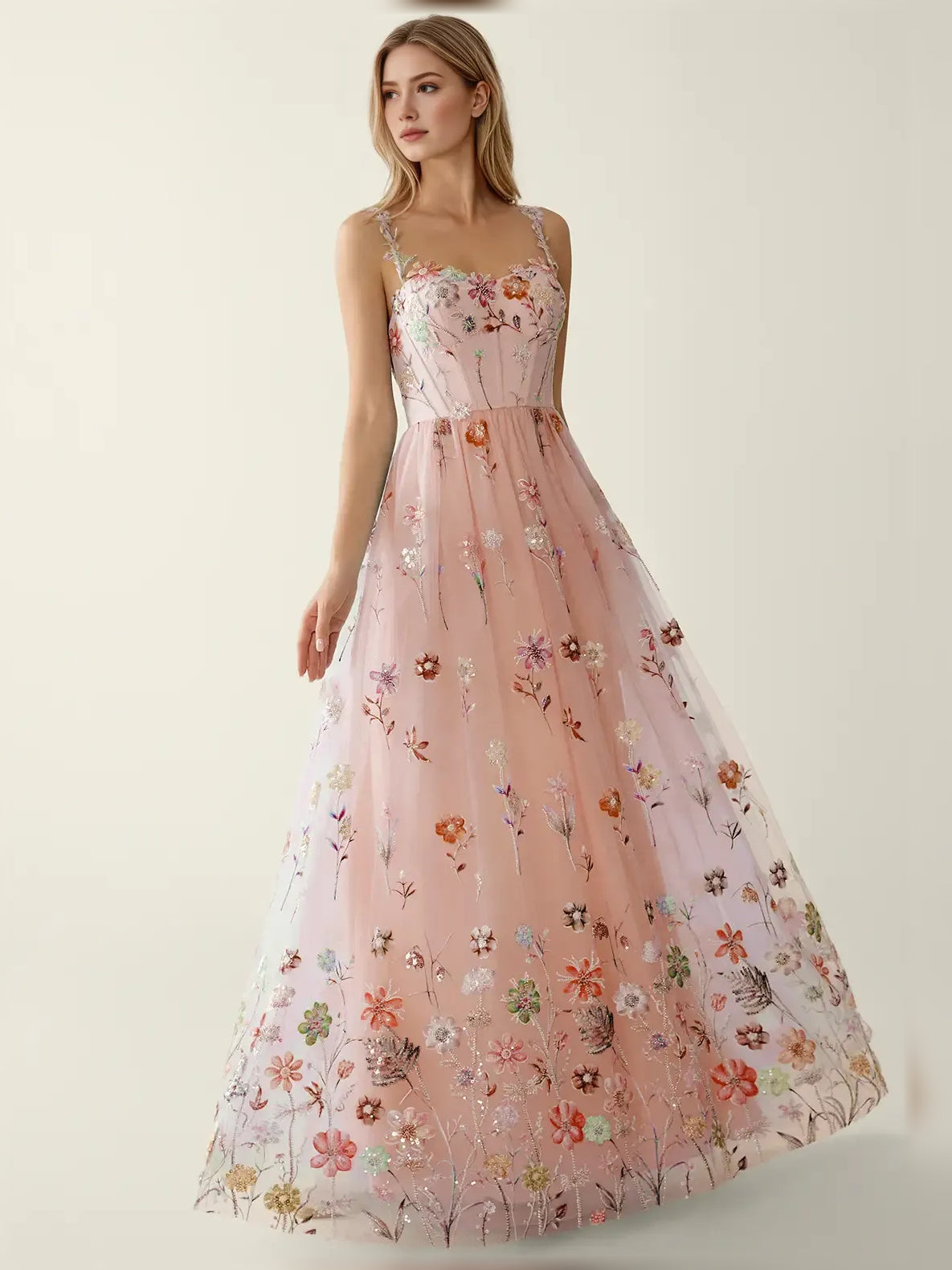 Blush Pink fit-and-flare floor-length formal dress with sweetheart neckline, full-length front view
