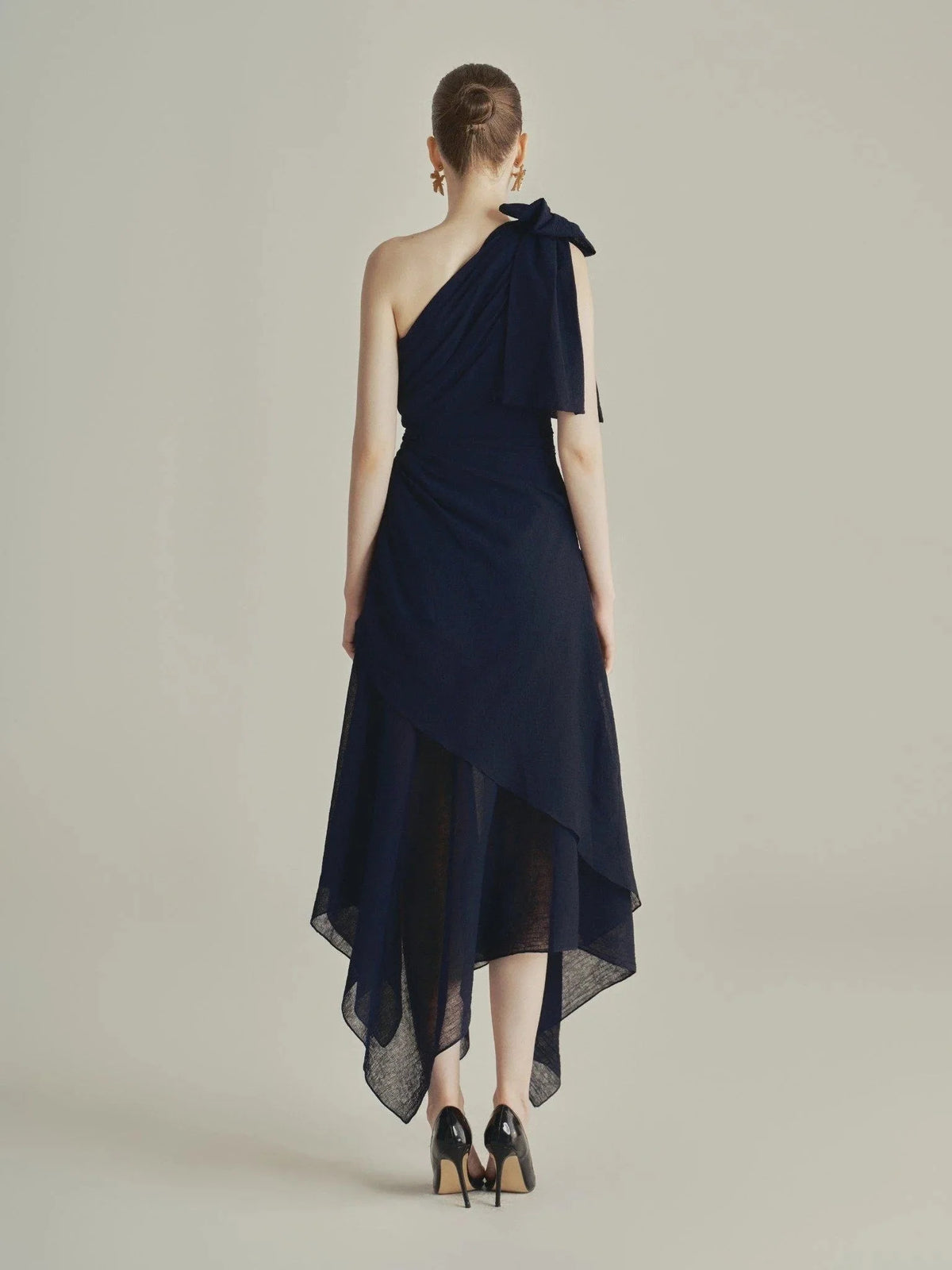 Dark Blue midi prom dress, front view showing the a-line silhouette