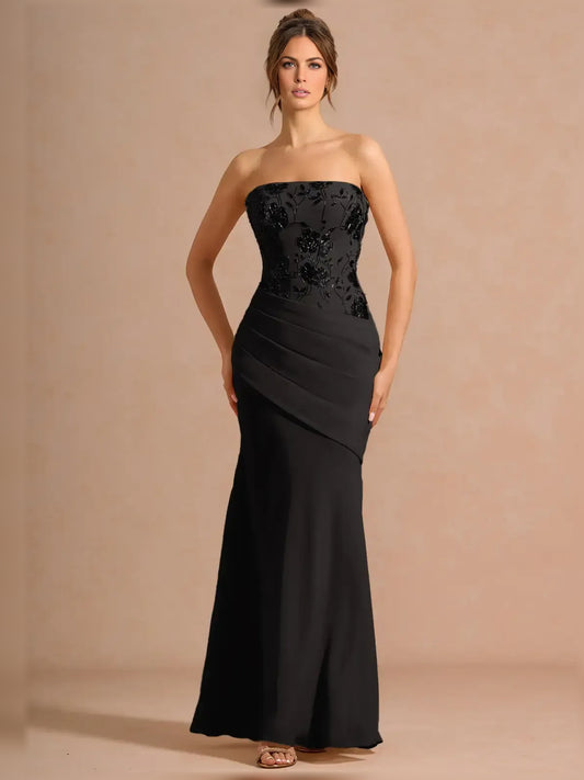 Black sheath midi formal dress with cowl neckline, full-length front view