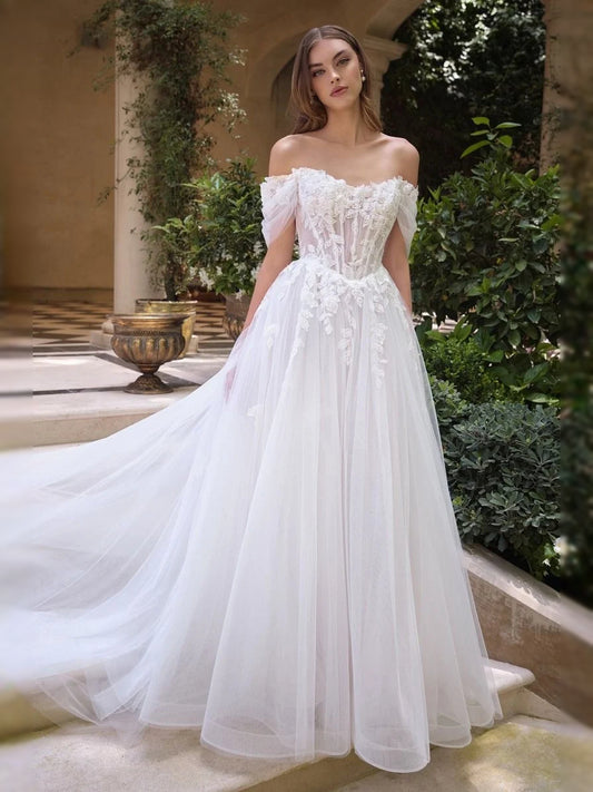 Ivory floor-length wedding dress, front view showing the a-line silhouette