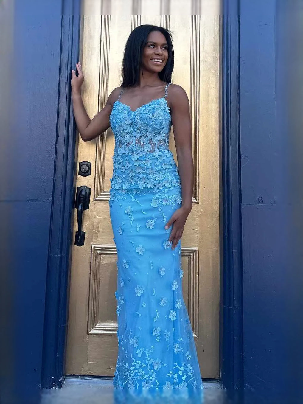 Sky Blue maxi prom dress, front view showing the mermaid silhouette