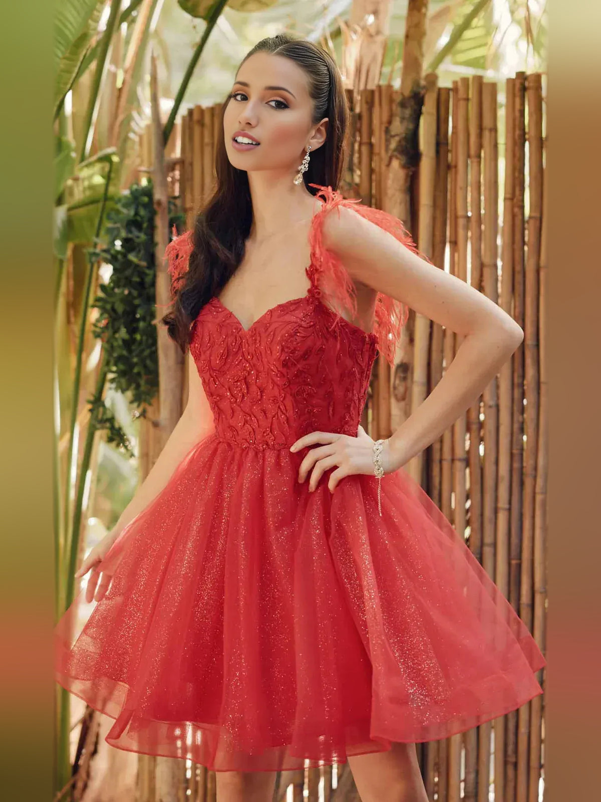 Red mini homecoming dress, alternate view showing the full-length silhouette