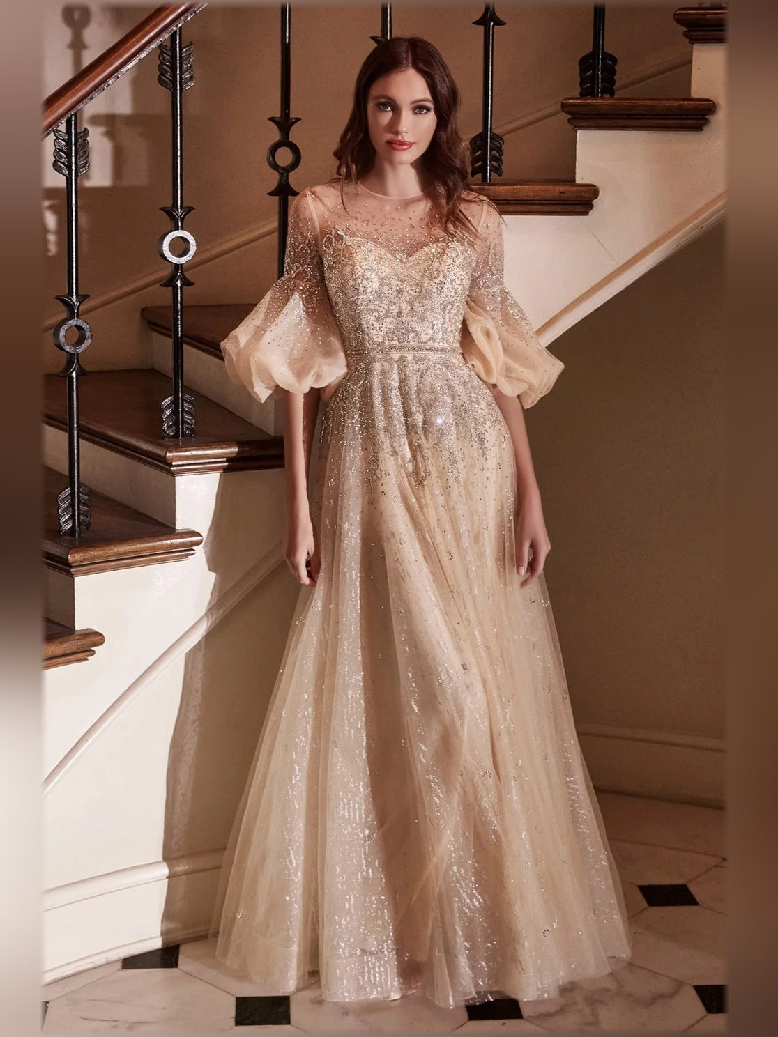 Champagne a-line floor-length formal dress with beading, full-length front view