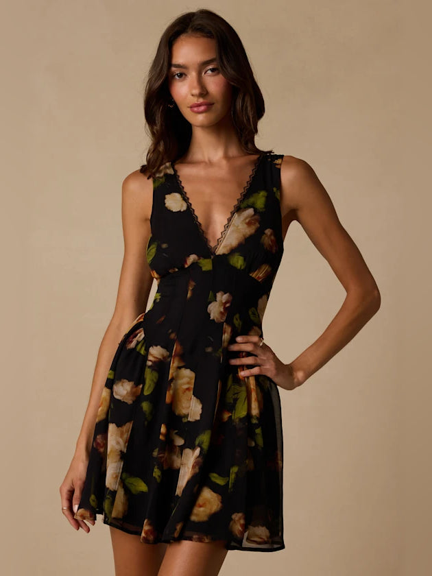 Black Floral mini homecoming dress, front view showing the silhouette