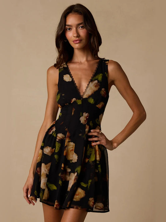 Black Floral mini homecoming dress, front view showing the silhouette