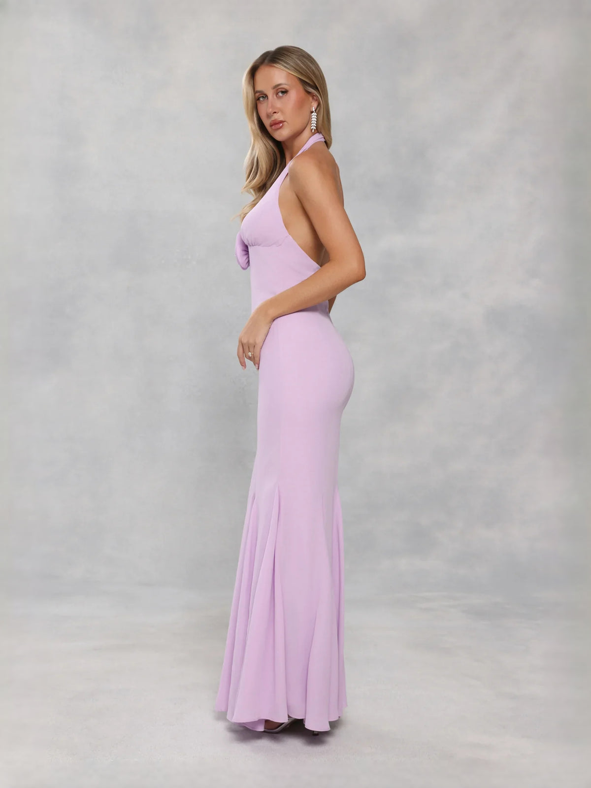 Lavender maxi prom dress, front view showing the mermaid silhouette