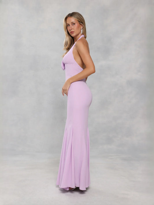 Lavender maxi prom dress, front view showing the mermaid silhouette