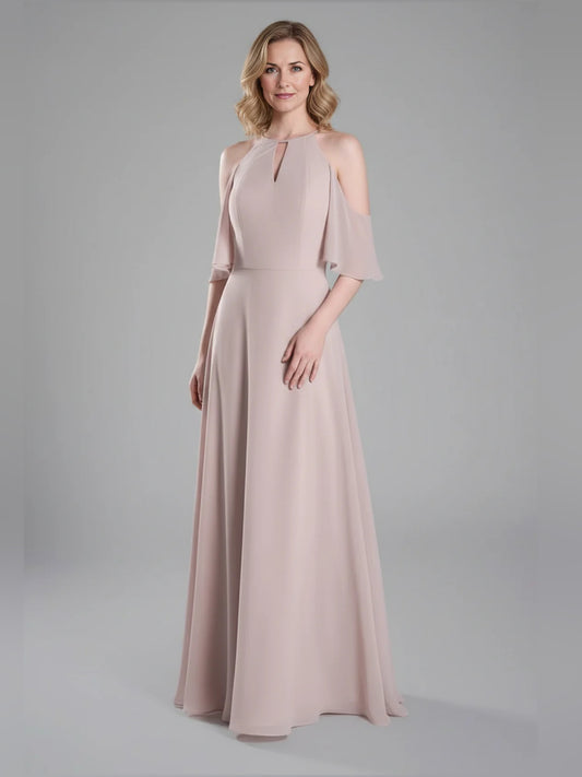 Pearl Pink floor-length bridesmaid dress, front view showing the a-line silhouette