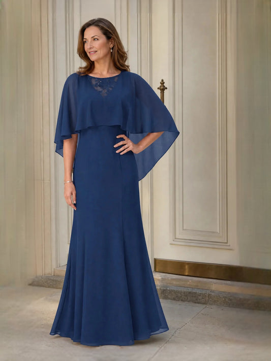 Dark Blue floor-length mother of the bride dress, front view showing the mermaid silhouette