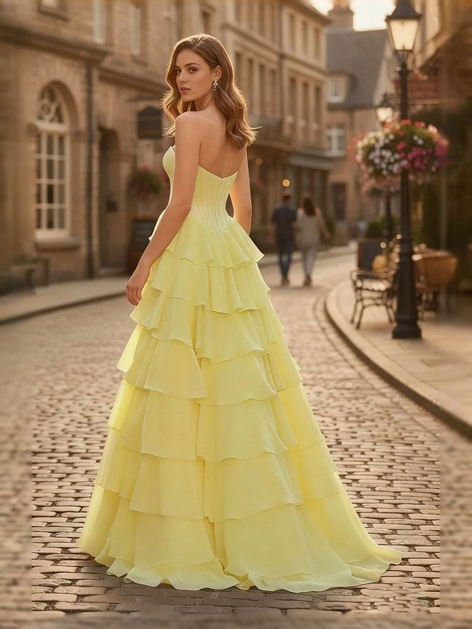 Canary floor-length prom dress, front view showing the a-line silhouette