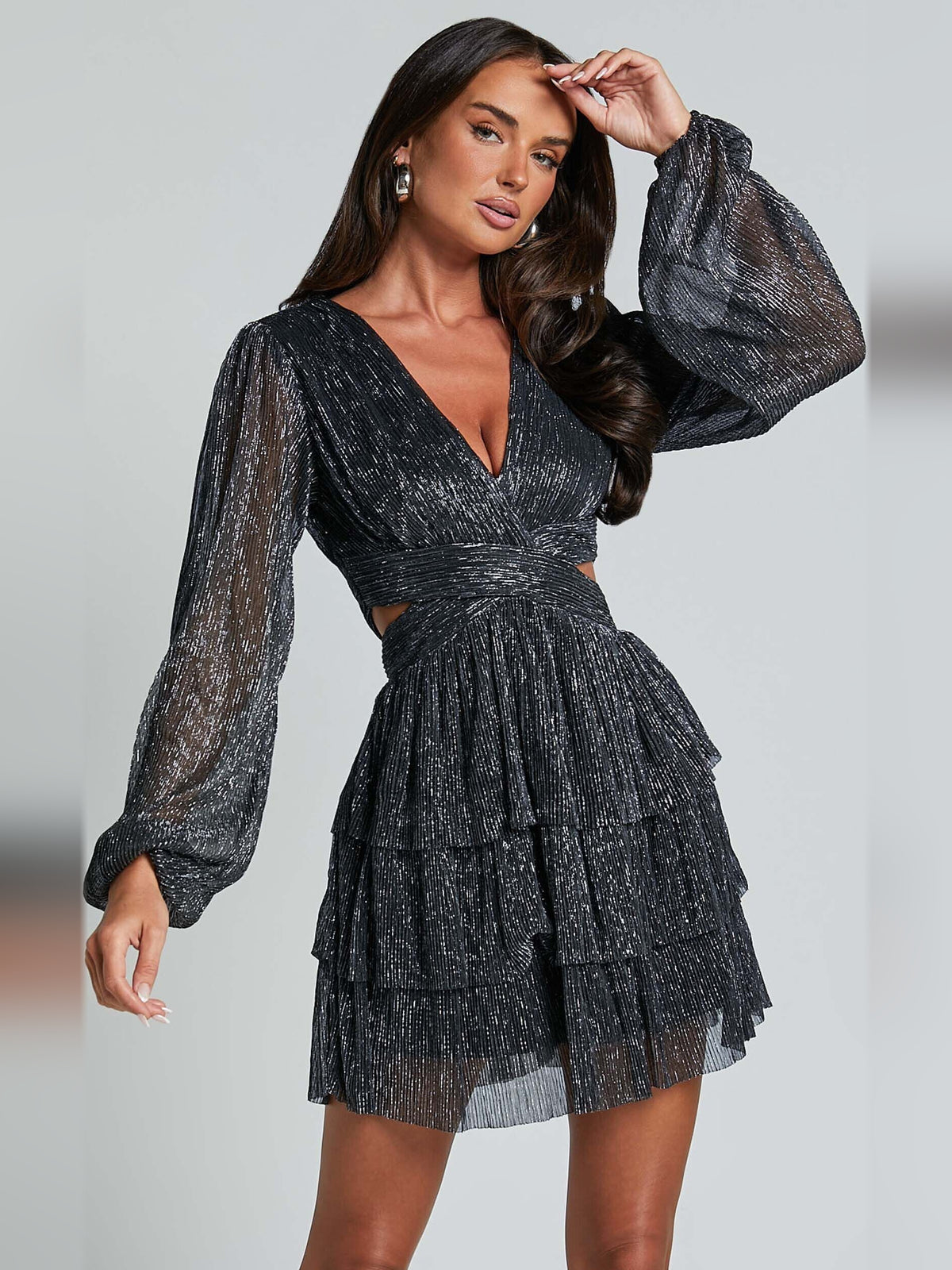 Black mini homecoming dress, front view showing the silhouette