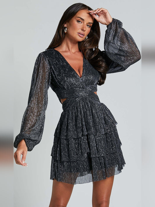 Black mini homecoming dress, front view showing the silhouette